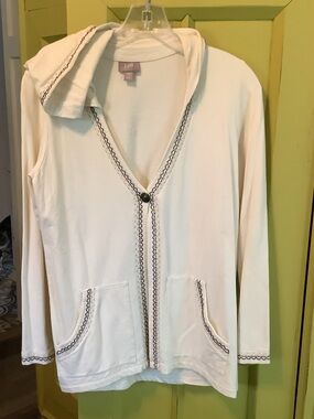 J. Jill Cream Hooded Cardigan with Dark Contrast Trim